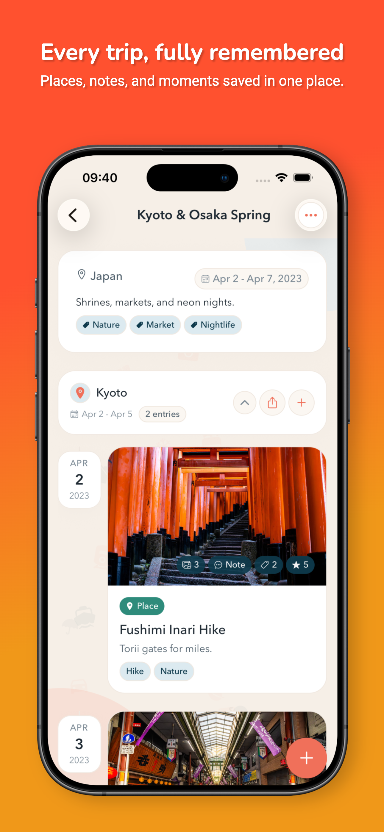 VoyageLog places and notes screen